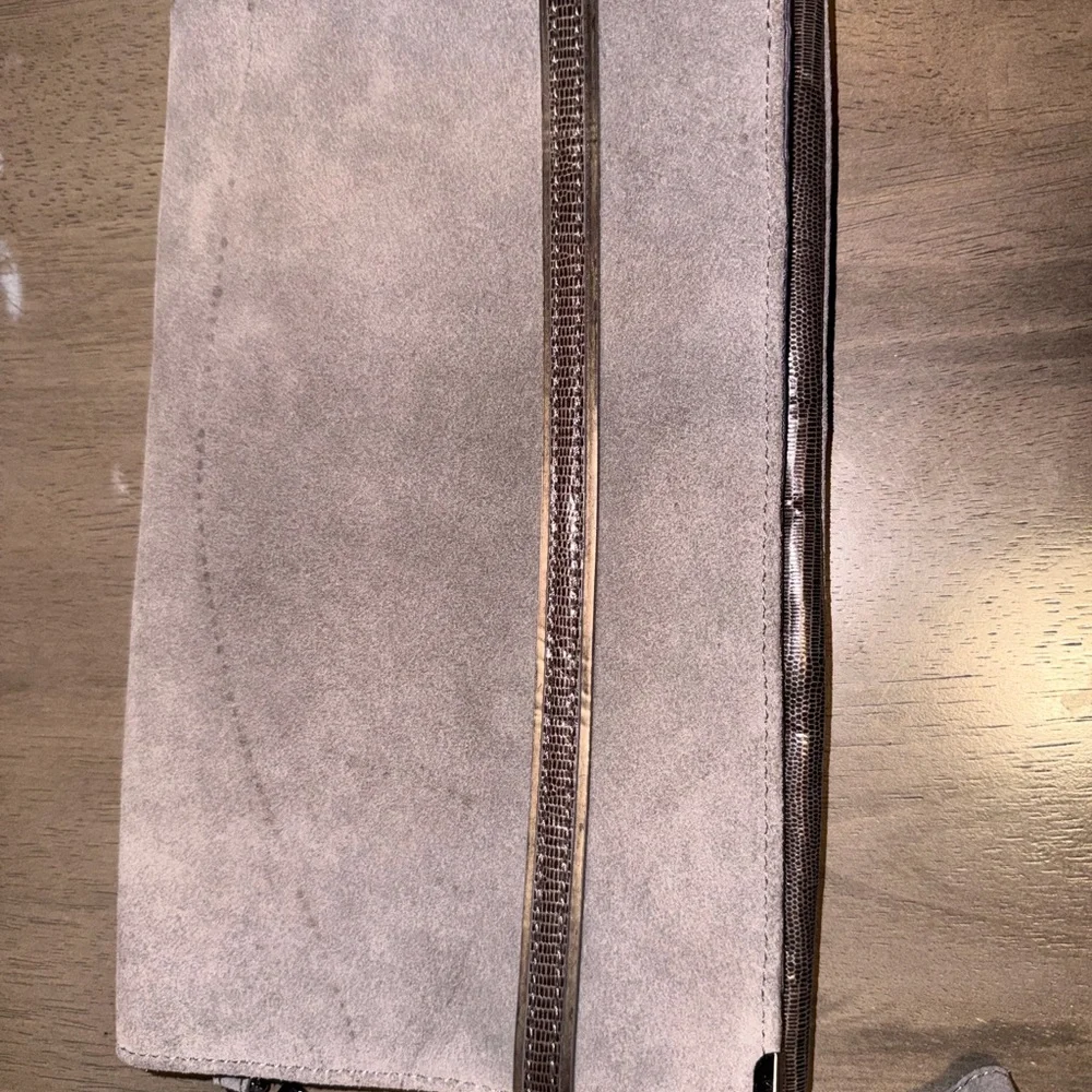 White House Black Market Gray Suede Fold-Over Clutch with Metallic Trim - Picture 2 of 5